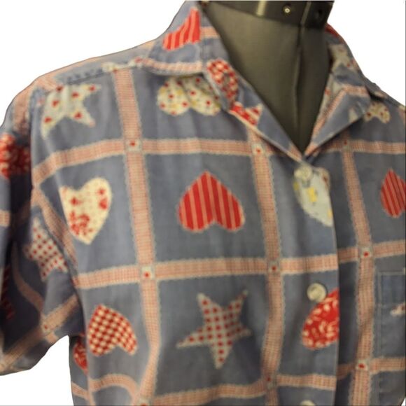 Vintage Victoria Jones blue patchwork heart‎ print shirt - Picture 3 of 8